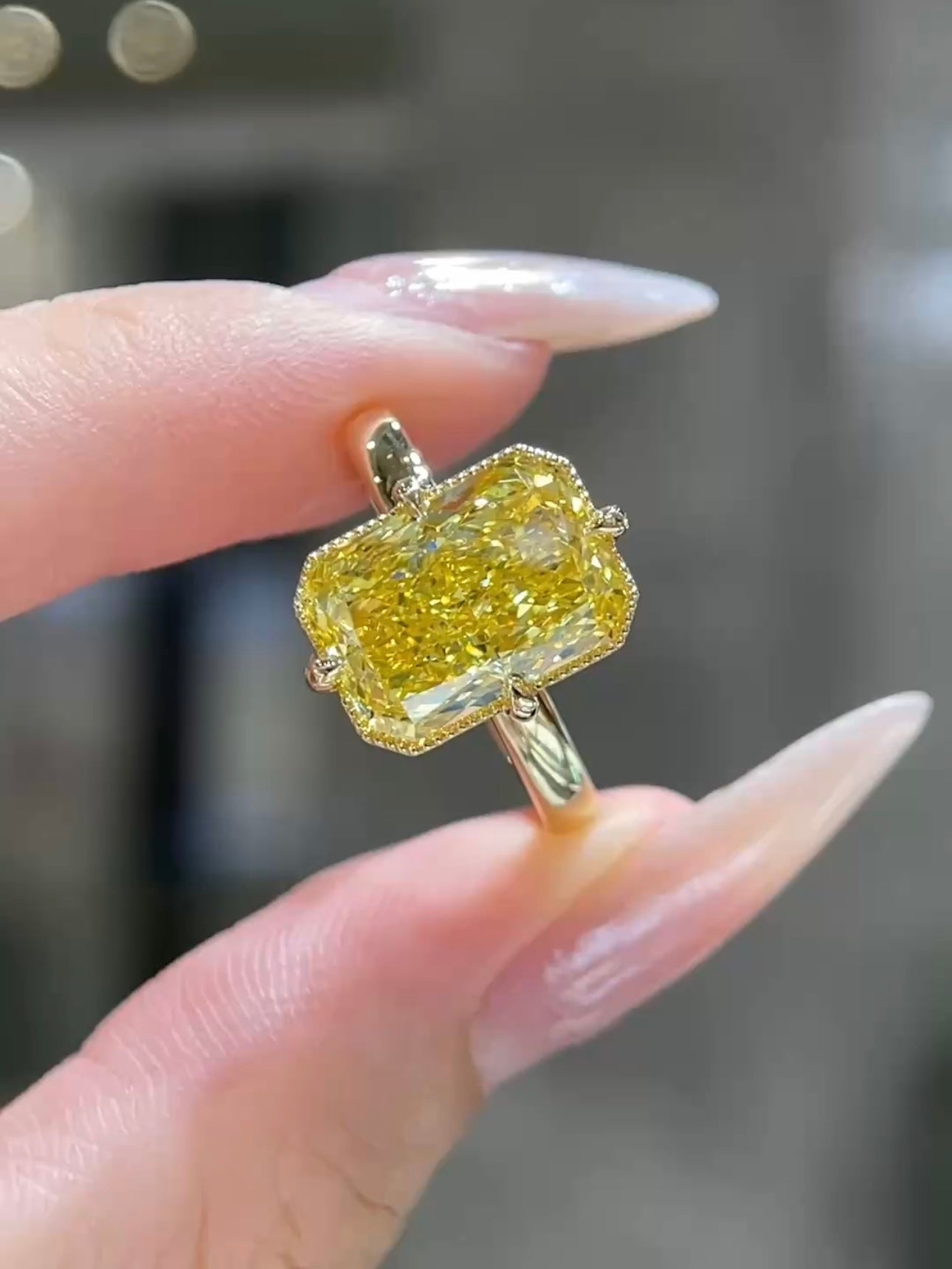 5.00 CT Fancy Vivid Yellow Radiant Lab Grown Diamond Ring | 18K Gold