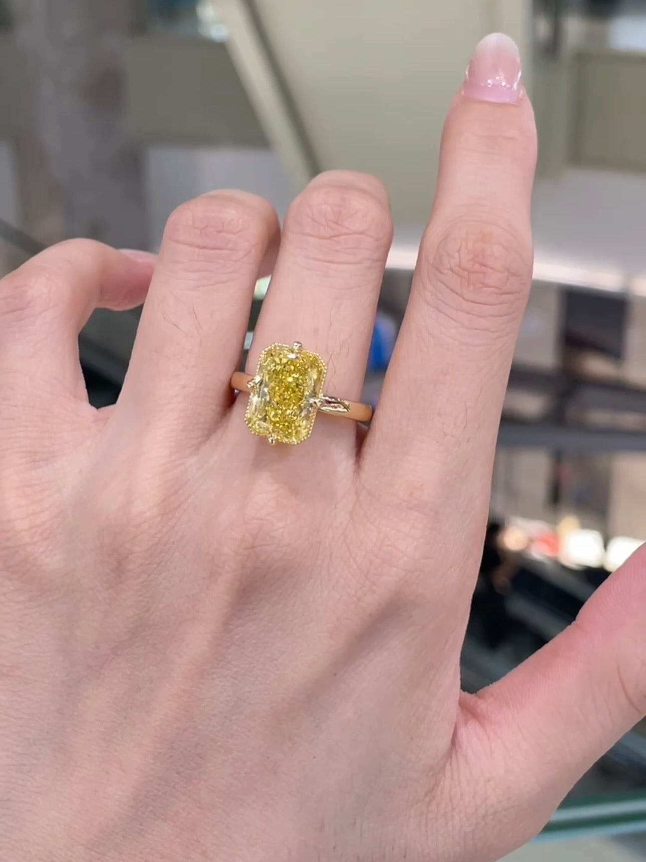 5.00 CT Fancy Vivid Yellow Radiant Lab Grown Diamond Ring | 18K Gold