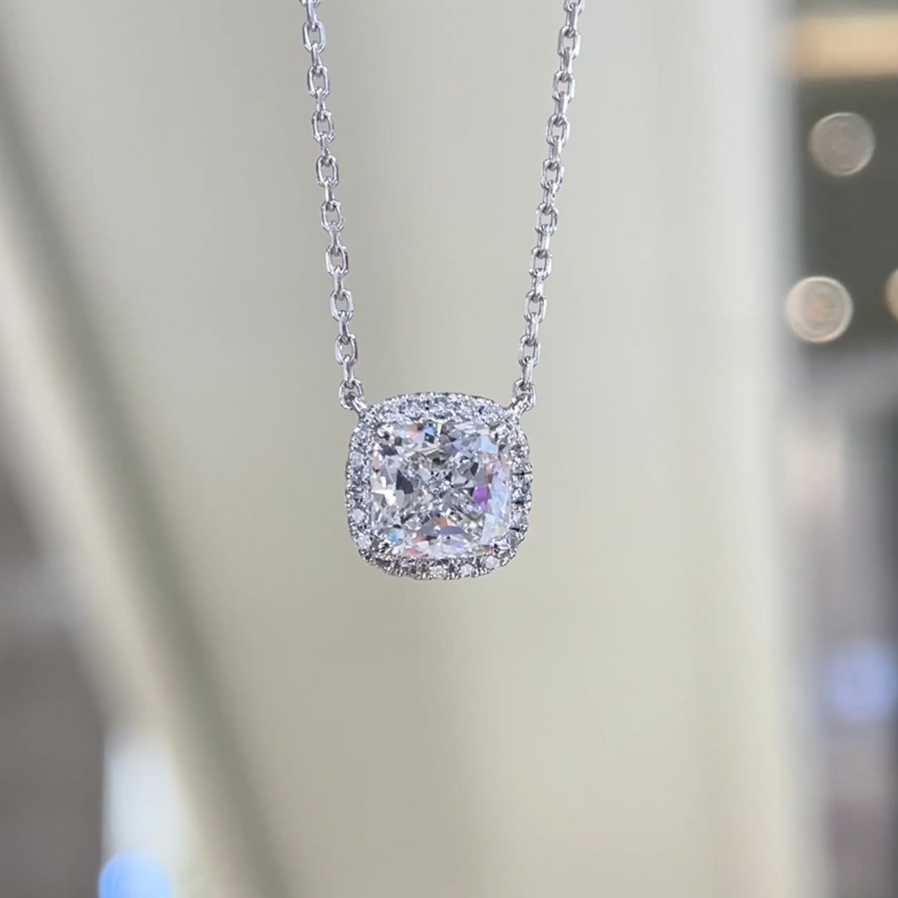 2.00 CT Cushion Cut Lab Grown Diamond Halo Pendant Necklace | Platinum