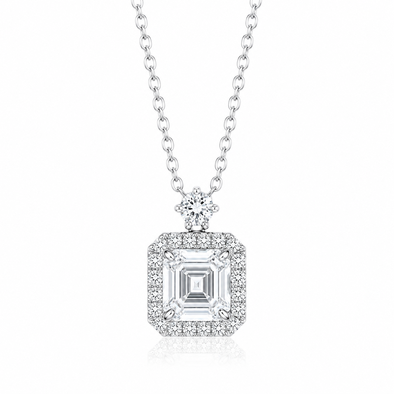 1.00 CT Asscher Cut Lab Grown Diamond Halo Pendant Necklace | Platinum