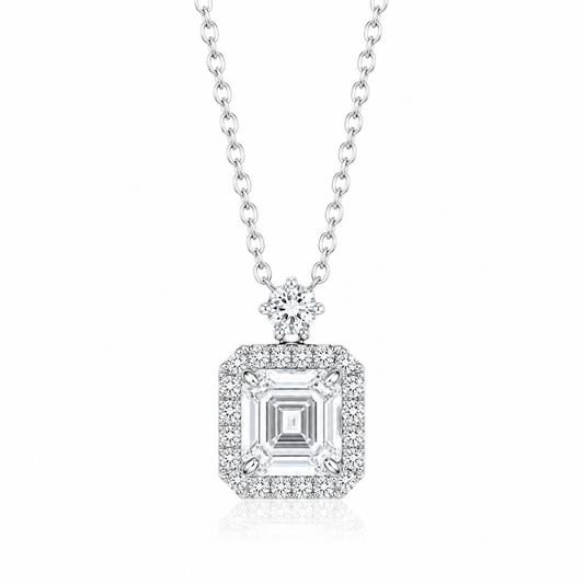 1.00 CT Asscher Cut Lab Grown Diamond Halo Pendant Necklace | Platinum