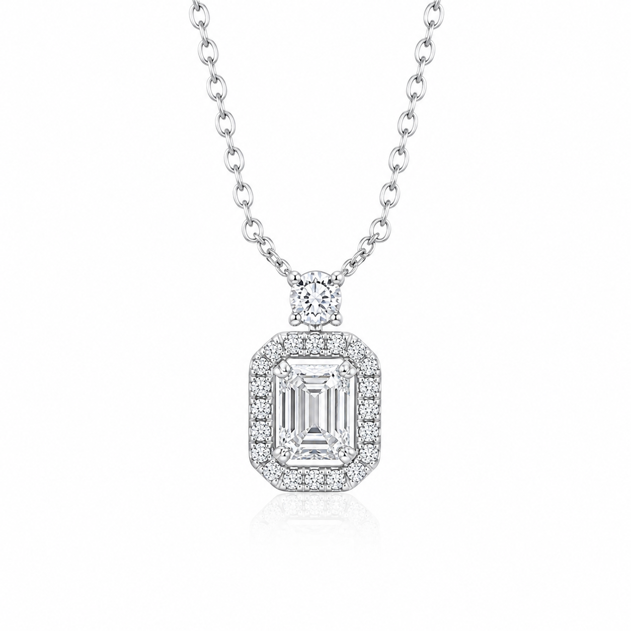 0.58 CT Emerald Cut Lab Grown Diamond Halo Pendant Necklace | Platinum