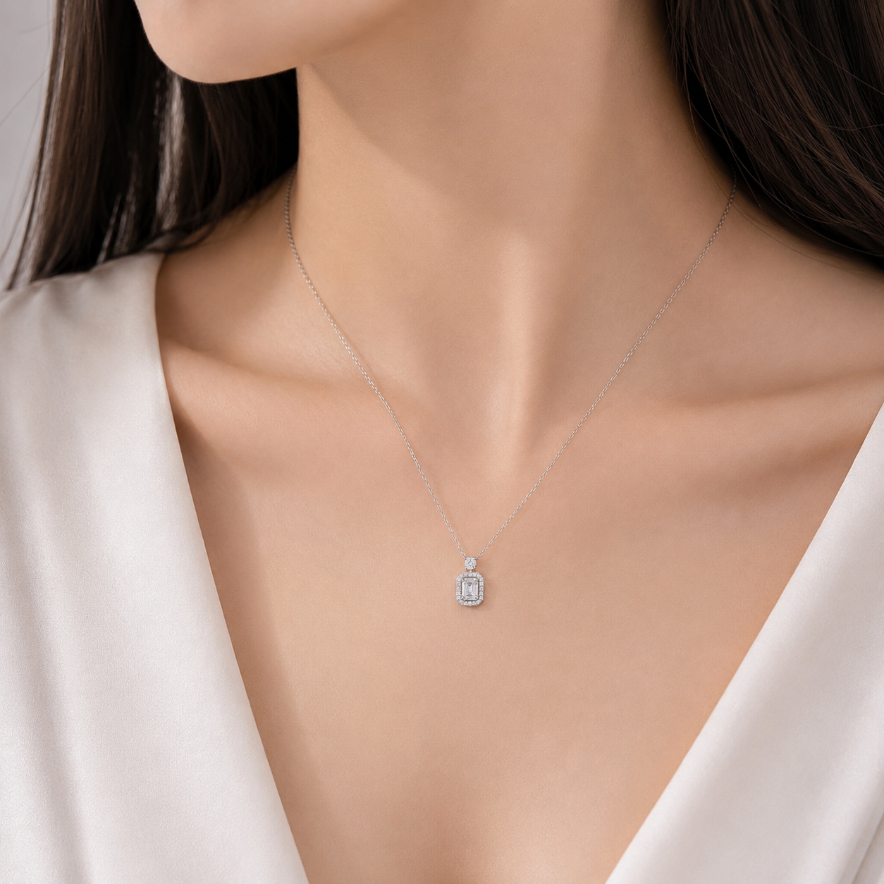 0.58 CT Emerald Cut Lab Grown Diamond Halo Pendant Necklace | Platinum