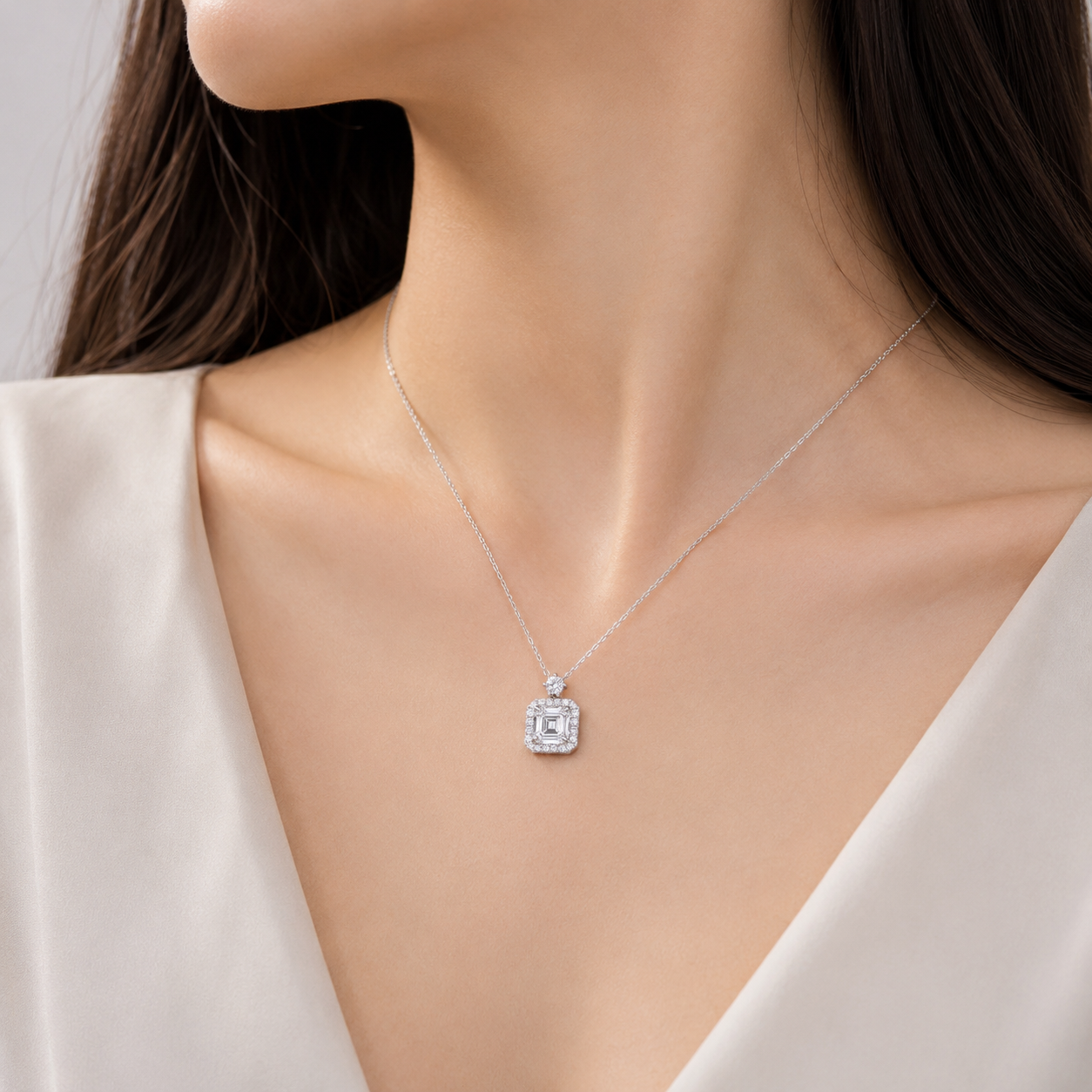 1.00 CT Asscher Cut Lab Grown Diamond Halo Pendant Necklace | Platinum