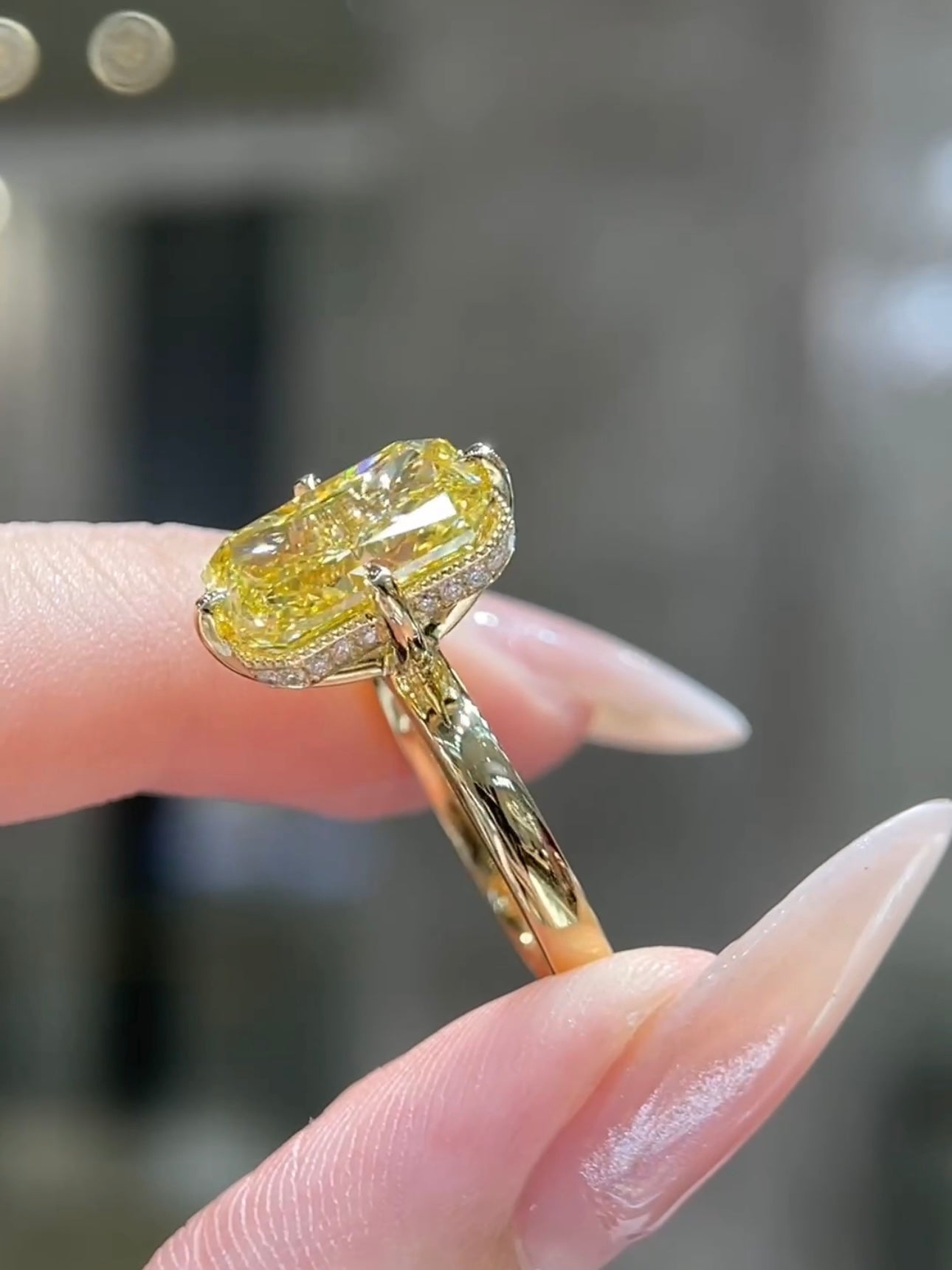 5.00 CT Fancy Vivid Yellow Radiant Lab Grown Diamond Ring | 18K Gold