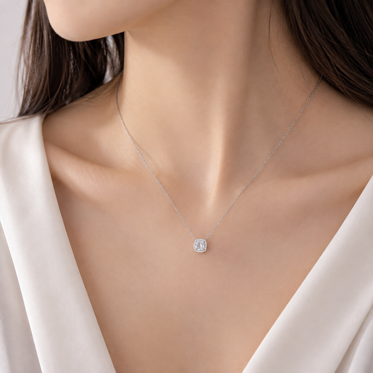 2.00 CT Cushion Cut Lab Grown Diamond Halo Pendant Necklace | Platinum